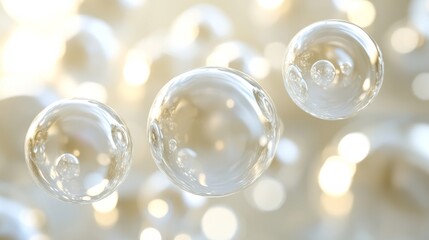 Shiny clear bubbles float against an out of focus background
