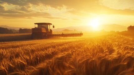 A farmer harvests ripe wheat in a golden field as the sun sets, a picturesque scene symbolizing the bounty of agriculture. 