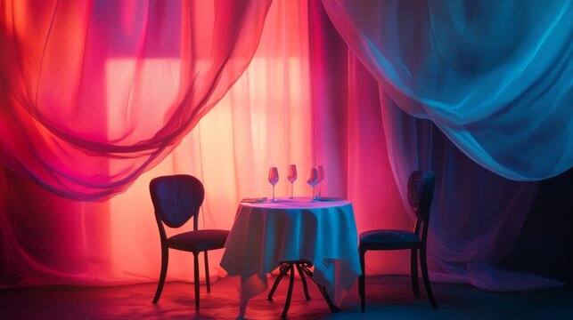 Romantic dining setup with flowing curtains
