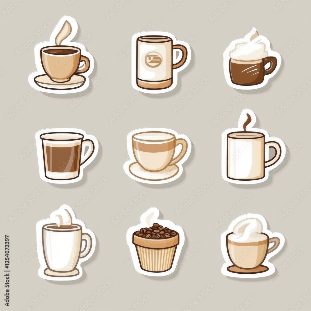 Aufkleber creative style stickers featuring various coffee cups and coffee beans in a minimal design. generati