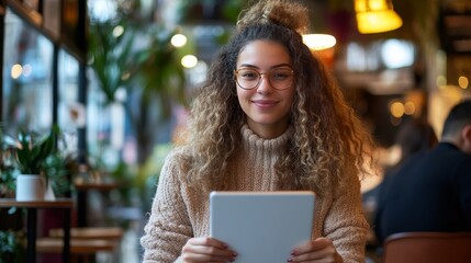 Woman holds tablet with blank white desktop screen while sitting in cafe.