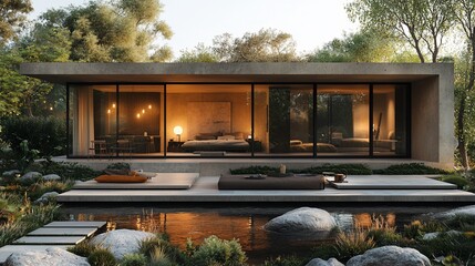 Modern minimalist house, tranquil garden, evening light, bedroom view, architectural design