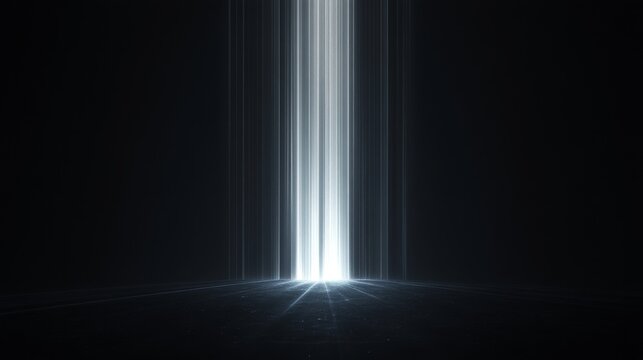 Vertical ethereal light shafts descend into the darkness below