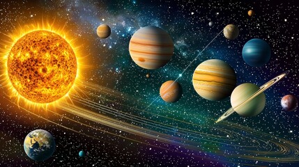 Exploration of the solar system with planets, sun, and vibrant cosmic background