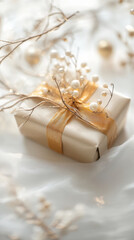 Elegant gift box with gold ribbon and festive decor for special occasions