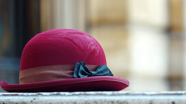 Vintage red hat with bow sitting on a stone ledge in a historic city street during the afternoon light - Powered by Adobe