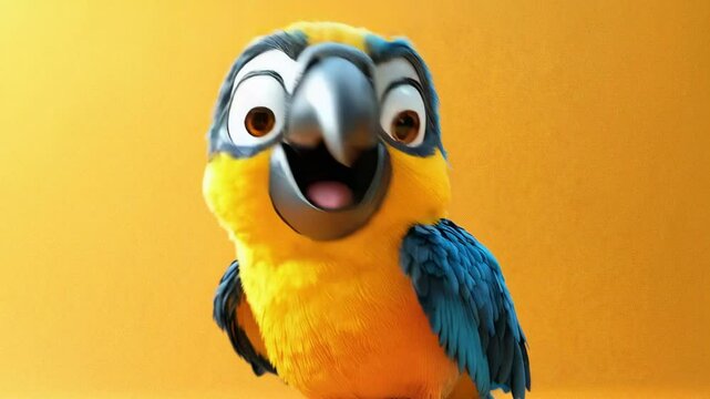 Cute animated parrot with expressive eyes on a vibrant yellow background