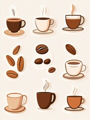 Obraz premium Colorful stickers featuring coffee cups and coffee beans in varying styles and shapes for creative designs. Generative AI