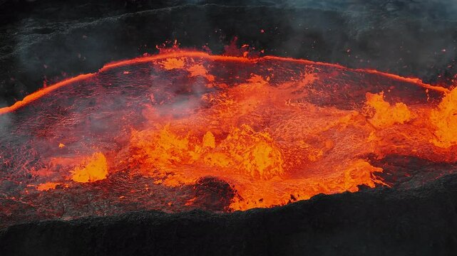 Unique close up view of red hot lava exploding, boiling, and bubbling in the volcano crater, drone shot. Volcanic eruption, natural hazard, and disaster concepts.