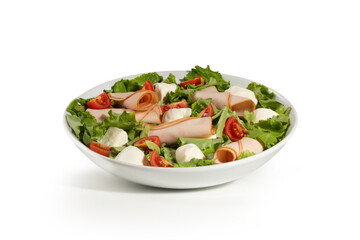 Plate of Fresh Green Salad with turkey ham, mozzarella and tomato isolated on white background