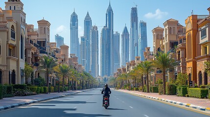 Motorbike ride, Palm Jumeirah, Dubai skyline, sunny day, travel