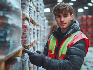 A male warehouse employee wearing a high-visibility vest scans items on a pallet in a cold, busy storage area while snow covers the ground outside