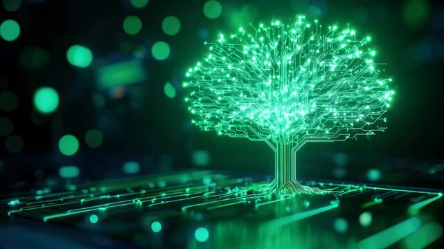 Digital representation of a tree with circuit pattern and glowing green elements.
