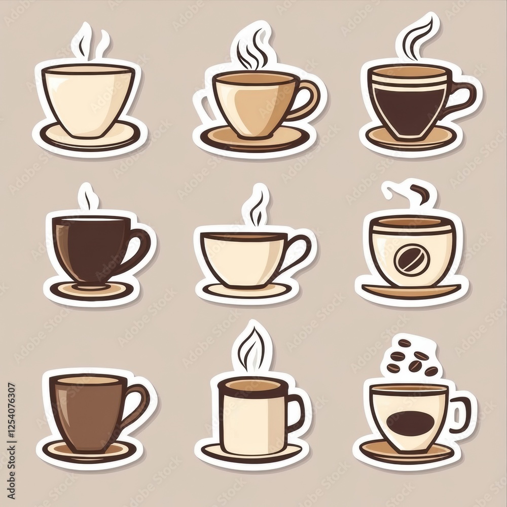 Aufkleber style coffee cup and bean stickers arranged in a fun pattern on a neutral background. Generative AI