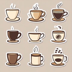 Obraz premium style coffee cup and bean stickers arranged in a fun pattern on a neutral background. Generative AI