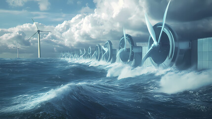 Fototapeta premium Kinetic energy harvesting from ocean waves captured in a dynamic, wideangle shot with powerful waves and innovative technology. Mechanical Ocean Waves. Illustration