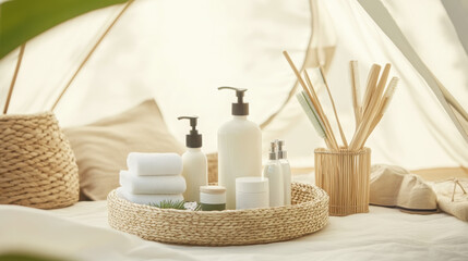 Eco friendly toiletries and bamboo accessories in a natural setting