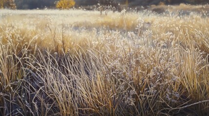 Frosty Meadow at Sunrise: A Golden Embrace of Winter's First Kiss