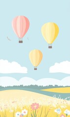 Obraz premium Colorful hot air balloons floating gracefully over a vast field on a sunny day. Generative AI