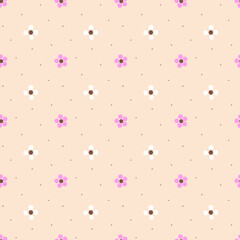 Playful Pink Floral Seamless Pattern on Soft Beige Background