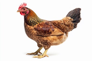 Fototapeta premium High-resolution profile of a vibrant brown chicken with detailed feathers and a striking comb on a clean white background