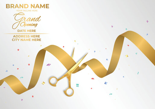 Elegant Grand Opening Invitation with Gold Ribbon Cutting and colorful confetti