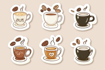 Coffee lovers delight with style stickers featuring diverse coffee cups and coffee beans in unique designs. Generative AI