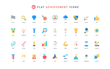 Business achievement success, progress in challenge and growth strategy, money and earnings of employee color icon set. Ability and solution, skills to achieve goal flat elements vector illustration