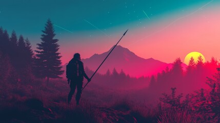 A man gazes at the mountains, with a beam of magical light between them