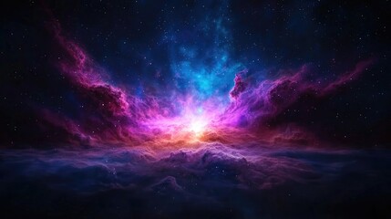 Cosmic Nebula Sunrise; Vast space nebula with vibrant colors. Possible use Science fiction backdrop or wallpaper