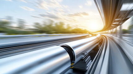 Obraz premium Futuristic transportation system with sleek metallic tubes and sunset