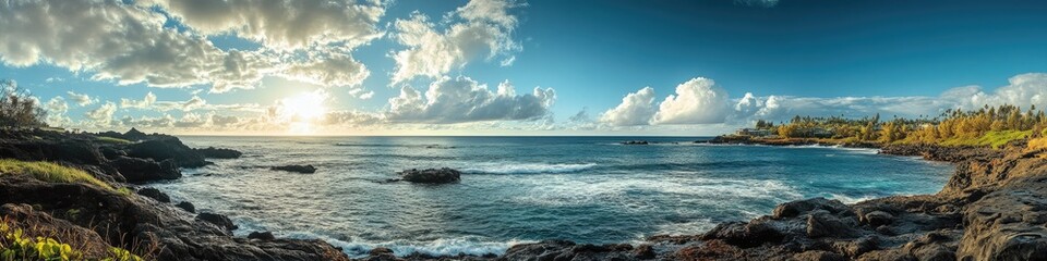 Obraz premium Breathtaking Kauai Vista: A Panoramic View of Hawaii's Stunning Ocean and Skyline