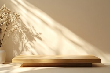 Wooden platform display, sunlit room, minimalist, product showcase