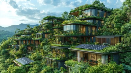 Modern eco-friendly homes integrated into lush greenery on a hillside.