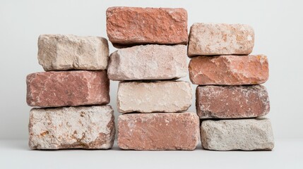 Obraz premium Stacked terracotta bricks in various shades, displayed on a white background for a building supply catalog
