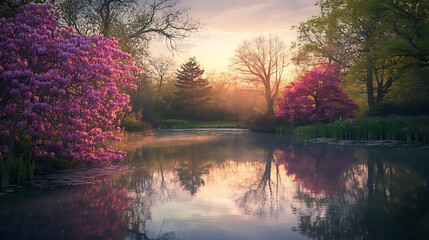 Tranquil pond reflecting trees and flowers under soft Spring Equinox sun