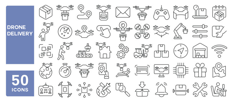 Set of 50 line icons related to drone delivery, package, express, device, wireless, courier, box, navigation, order, remotely, shipment, aerial, Editable stroke. Vector illustration
