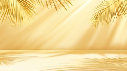 Golden palm leaves, sunlit beach scene, product display