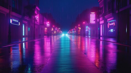 Cyberpunk streets illustration, futuristic city, dystopian artwork at night, 4k wallpaper. Rain foggy, moody empty future