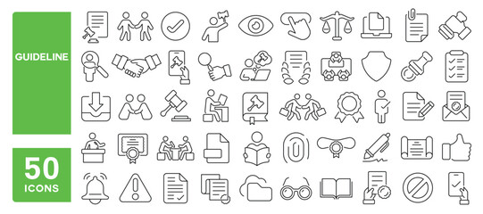 Set of 50 line icons related to guideline, regulation, policy, terms, law, conduct, compliance, restrictions, authority, document, penalty, rules, Editable stroke. Vector illustration