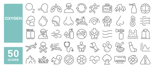 Set of 50 line icons related to oxygen, air, lungs, asthma, breath, wind, nature, pure, flow, nose, blow, mask, inhaler, Editable stroke. Vector illustration