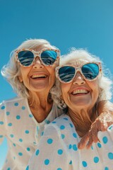 Joyful seniors enjoying life at the beach fun portrait bright sunshine cheerful atmosphere