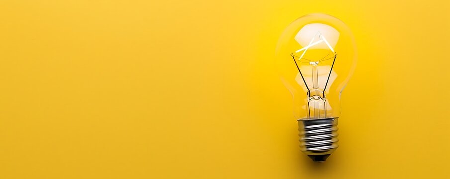 Illuminated light bulb with a wire on a bright yellow background, viewed from above in a banner format. Represents new ideas and creative thinking in technology and education.