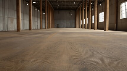 A large empty warehouse with wooden beams and a concrete floor. The space is empty and has a sense of emptiness and loneliness