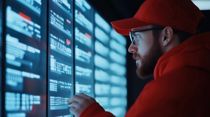 A man in a red hat and glasses is looking at a computer screen with a red background. He is focused on the screen and he is working on something