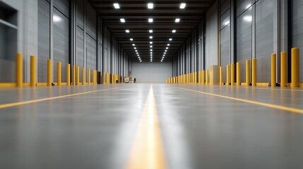 A long, empty warehouse with yellow poles and a yellow line on the floor. The space is dimly lit, giving it a somewhat eerie atmosphere