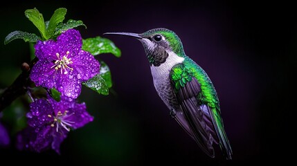 Fototapeta premium A hummingbird perched on a flower with droplets on its wings, and a purple flower in the background