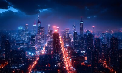 Fototapeta premium Nighttime cityscape with vibrant lights and dark clouds above a high-rise buildings