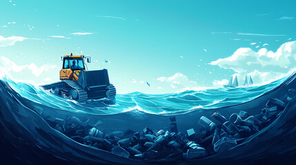 Autonomous marine robots methodically removing ocean plastic debris with renewable wave energy. Mechanical Ocean Waves. Illustration