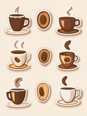 Obraz premium Creative style stickers featuring colorful coffee cups and coffee beans for fun designs. Generative AI